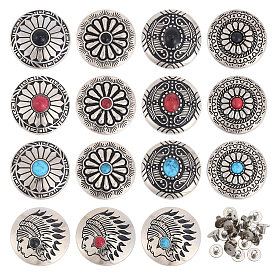 15 наборы 15 стили цветок/голова индейца сплав и имитация бирюзы ручная работа сплошная заклепка, с железным винтом, плоско-круглые, для поделок багажа и аппаратных принадлежностей