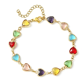 Colorful Glass Heart Link Bracelets, Brass Cable Chains Jewelry for Women