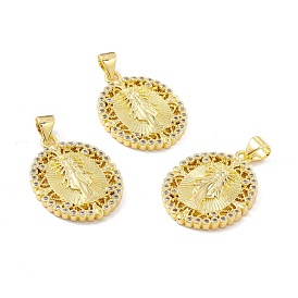 Rack Plating Brass Micro Pave Clear Cubic Zirconia Pendants, Long-Lasting Plated, Cadmium Free & Lead Free, Oval with Goddess