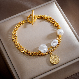 Chic Irregular Pearl Queen Round Clasp Double Layer Chain Bracelet for Women