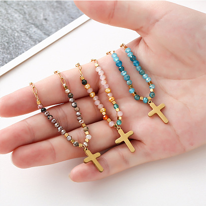 Религиозный крест 304 подвеска из нержавеющей стали, ожерелья из стеклянных бусин, реальный 14 k позолоченный