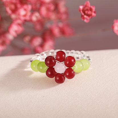 Transparent Beaded Flower Ring - Handmade Beaded Ring with Flower Design