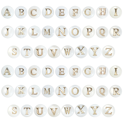 52 шт 26 стили натуральные пресноводные бусины из ракушек, с позолоченными элементами из травленой латуни, плоские круглые с буквы, цвет морской раковины