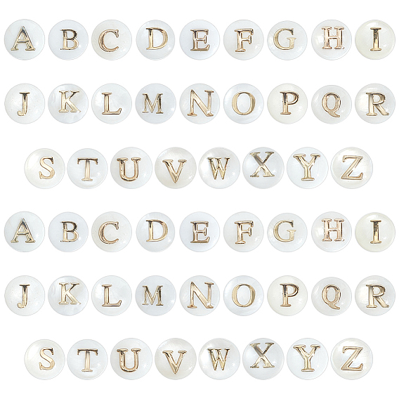 52 шт 26 стили натуральные пресноводные бусины из ракушек, с позолоченными элементами из травленой латуни, плоские круглые с буквы, цвет морской раковины