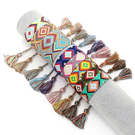 Женские браслеты на плоской подошве из полиэстера в этническом стиле с ромбическим шнуром, регулируемый браслет с кисточкой