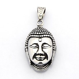 Retro 304 Stainless Steel Buddha Head Pendants, 43x25x15mm, Hole: 7x11mm