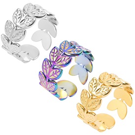 201 Stainless Steel Leafy Branch Wrap Open Cuff Ring for Women