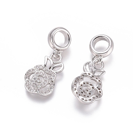 Brass Micro Pave Cubic Zirconia European Dangle Charms, Large Hole Pendants, Flower, Clear