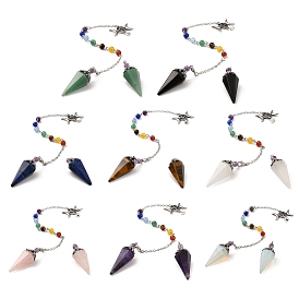 Gemstone Pointed Dowsing Pendulums, with Alloy Triple Moon Pentacles, Lead Free & Cadmium Free, Hexagonal Cone Charm