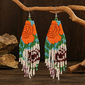 Bohemian Style Handmade Glass Bead Flower Dangle Earrings for Vacation and Daily Wear