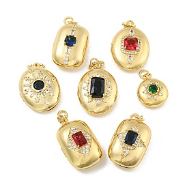 Brass Cubic Zirconia Locket Pendants, Photo Frame Charms, with Jump Ring, Real 18K Gold Plated