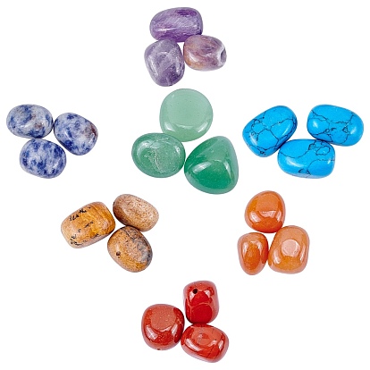 21Pcs 7 Colors Red Jasper & Red Aventurine & Picture Jasper & Green Aventurine & Blue Spot Jasper & Amethyst
 & Turquoise 
Beads, Tumbled Stone, Half Drilled, Nuggets