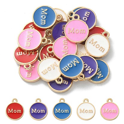 20Pcs 5 Colors Alloy Enamel Charms, Cadmium Free & Lead Free, Light Gold, Flat Round with Word Mom