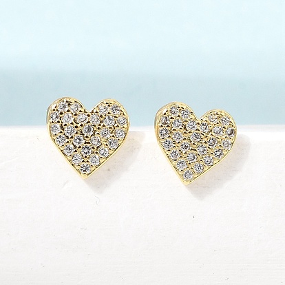 Heart Brass Micro Pave Cubic Zirconia Stud Earrings for Women, Rack Plating, Long-Lasting Plated, Cadmium Free & Lead Free, Real 18K Gold Plated