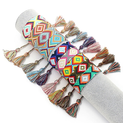 Pulseras planas de poliéster estilo étnico con cordón de rombos para mujer., pulsera ajustable con borla