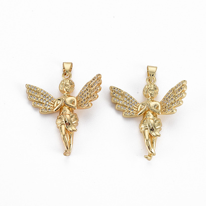 Brass Micro Pave Clear Cubic Zirconia Pendants, Nickel Free, Angel