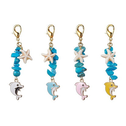 Décorations de pendentif en émail en alliage de dauphin, avec des perles synthétiques turquoise et des fermoirs à pinces de homard en alliage