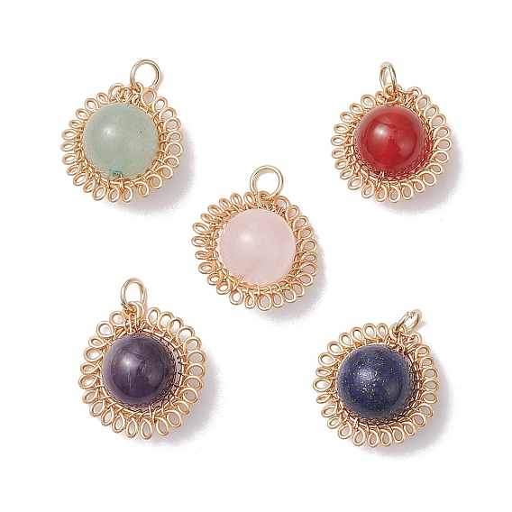 Круглые подвески из натурального аметиста, зеленого авантюрина, розового кварца, лазурита и сердолика, обвитые медной проволокой, цветочные подвески с прыгающим кольцом, смешанные окрашенные и неокрашенные