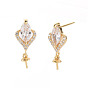 Brass Micro Pave Clear Cubic Zirconia Earring Findings, for Half Drilled Beads, Nickel Free