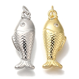 Rack Plating Brass Micro Pave Cubic Zirconia Pendants, Cadmium Free & Lead Free, Long-Lasting Plated, Fish