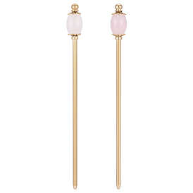 2Pcs Natural Rose Quartz Barrel Bead with Brass Hair Sticks