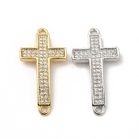 Rack Plating Brass Micro Pave Clear Cubic Zirconia Connector Charms, Cadmium Free & Lead Free, Religion Cross Links