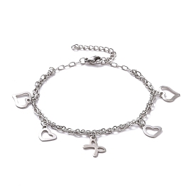 304 Stainless Steel Double Chains Multi-strand Bracelets, Heart & Bowknot 201 Stainless Steel Charm Bracelet for Women