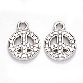 Tibetan Style Alloy Pendants, Flat Round with Peace Sign, Cadmium Free & Lead Free