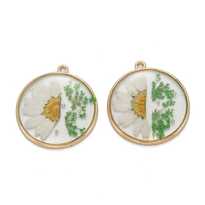 Epoxy Resin Pendants, with Alloy Findings and Dried Flower Inside, Flat Round