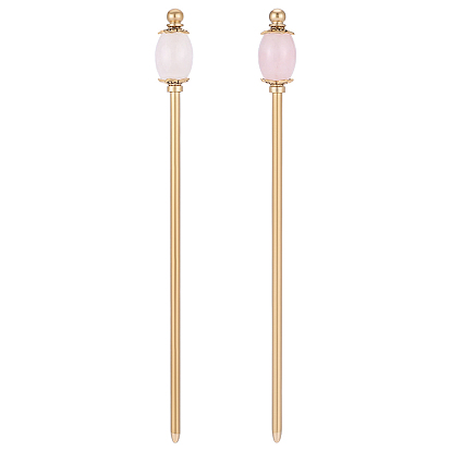 2Pcs Natural Rose Quartz Barrel Bead with Brass Hair Sticks