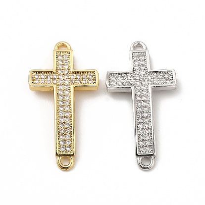Rack Plating Brass Micro Pave Clear Cubic Zirconia Connector Charms, Cadmium Free & Lead Free, Religion Cross Links