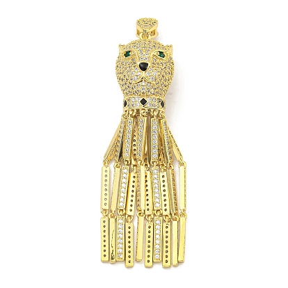 Brass Micro Pave Cubic Zirconia Big Pendants, with Enamel, Cadmium Free & Nickel Free & Lead Free, Leopard Head with Tassel