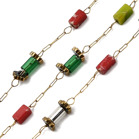 Ручная работа 304 цепочки-колонны из натуральной императорской яшмы из нержавеющей стали, пайки, с 316 цепями из нержавеющей стали, катушкой и стеклом, ионное покрытие (ip)