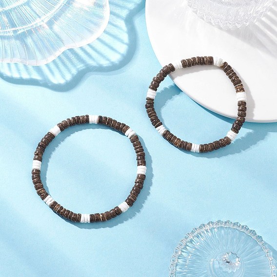 2 шт. 2 стили, натуральные плоские круглые бусины из кокоса и белой скорлупы, эластичные браслеты для мужчин и женщин