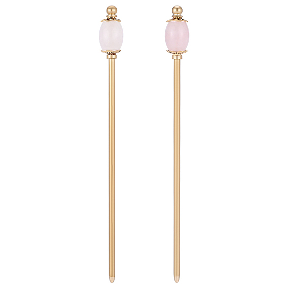 2Pcs Natural Rose Quartz Barrel Bead with Brass Hair Sticks
