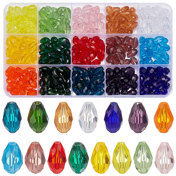 300 piezas 15 colores cuentas de vidrio transparente, facetados, lágrima