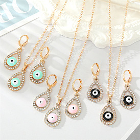 Fashionable Alloy Waterdrop Hollow Eye Earrings Necklace with Devil's Eye Pendant and Shiny Rhinestones for Women