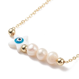 Perle naturelle et étoile de coquillage avec colliers pendentif perlé mauvais œil, plaqué or 304 bijoux en acier inoxydable pour femmes