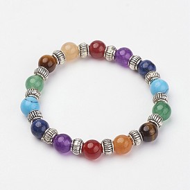 Natural & Synthetic Gemstone Beaded Stretch Bracelets, with Alloy Spacer Beads