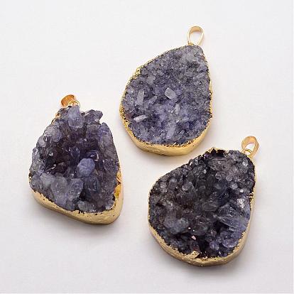 Electroplate Natural Druzy Quartz Crystal Pendants, Dyed, with Golden Plated Brass Finding, Drop