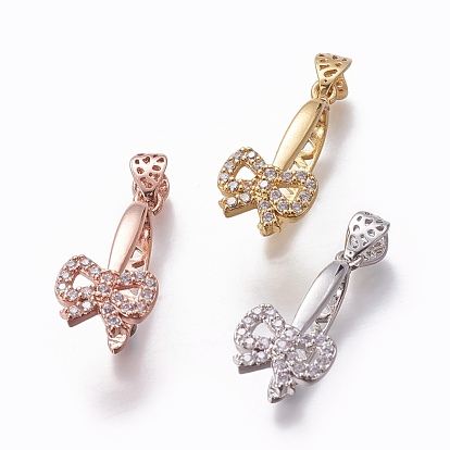 Brass Ice Pick Pinch Bails, with Cubic Zirconia, Bowknot, Clear