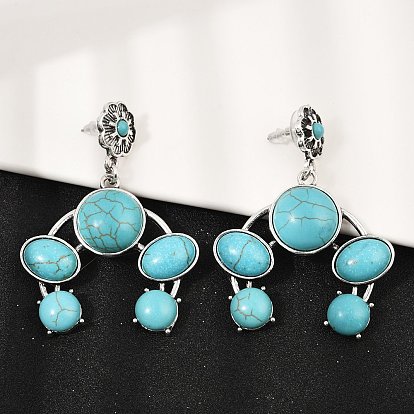 Серьги-гвоздики из сплава синтетической бирюзы, плоский круглый с овальным