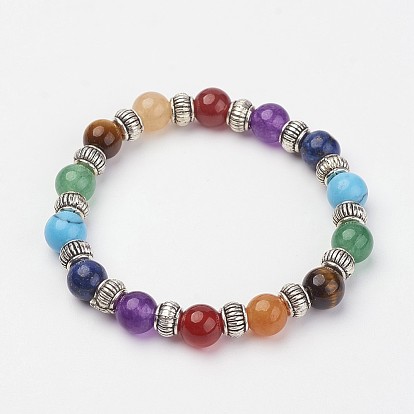 Natural & Synthetic Gemstone Beaded Stretch Bracelets, with Alloy Spacer Beads