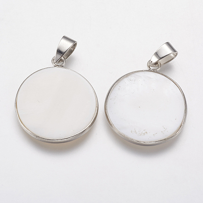 Natural White Shell Mother of Pearl Shell Pendants, with Platinum Tone Brass Findings, Flat Round