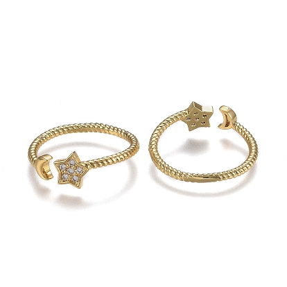 Adjustable Brass Micro Pave Clear Cubic Zirconia Cuff Rings, Open Rings, Long-Lasting Plated, Star & Moon