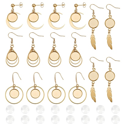 8 Pairs 4 Style 304 Stainless Steel Earring Hooks, Ear Wire with Round Trays, Teardrop & Ring & Feather & Moon
