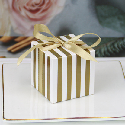 Square Paper Striped Candy Storage Box with Ribbon, Candy Gift Bags Christmas Party Wedding Favors Bags
