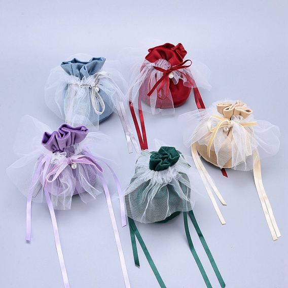 Бархатные украшения подарочные пакеты на шнурке, с пластиковой имитацией жемчуга и белой пряжей, мешочки для конфет на свадьбу