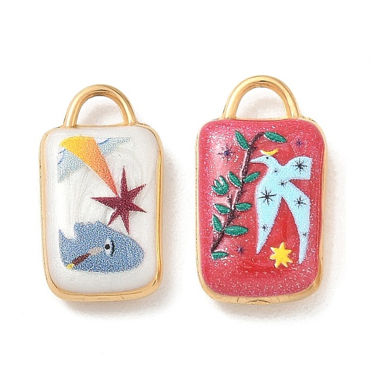 304 Stainless Steel Enamel Pendants, Rectangle Charms, Golden