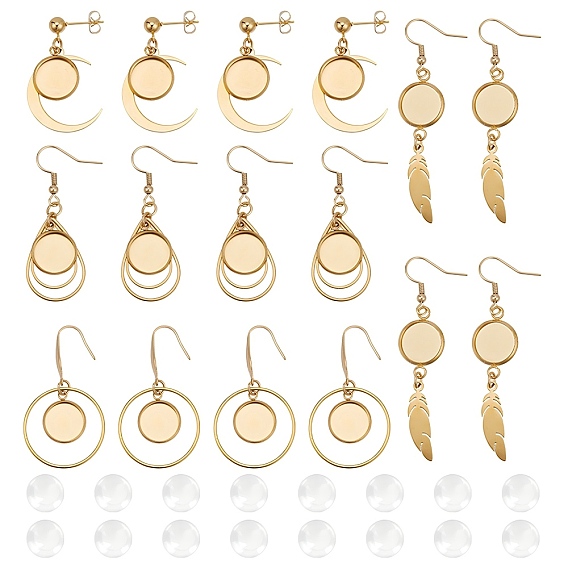 8 pares 4 estilo 304 ganchos para pendientes de acero inoxidable, alambre de oreja con bandejas redondas, lágrima y anillo y pluma y luna